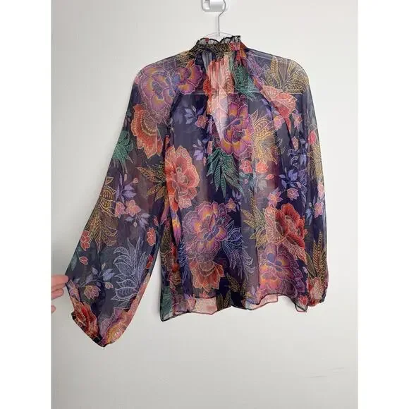 Johnny Was Jade Octavia Floral Silk Blouse Womens Large Oriental Semi Sheer - Picture 4 of 16